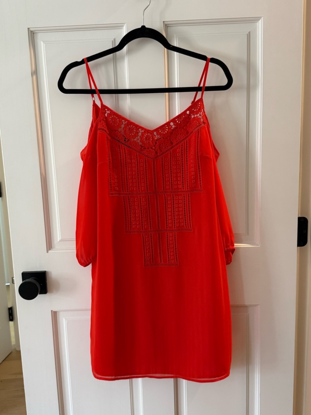 bebe Red Cold-Shoulder Lace-Trim Dress